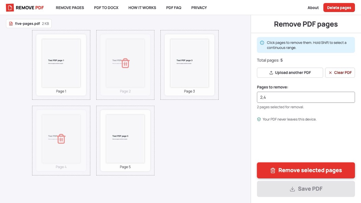 PDF page remover with page thumbnails selected for deletion